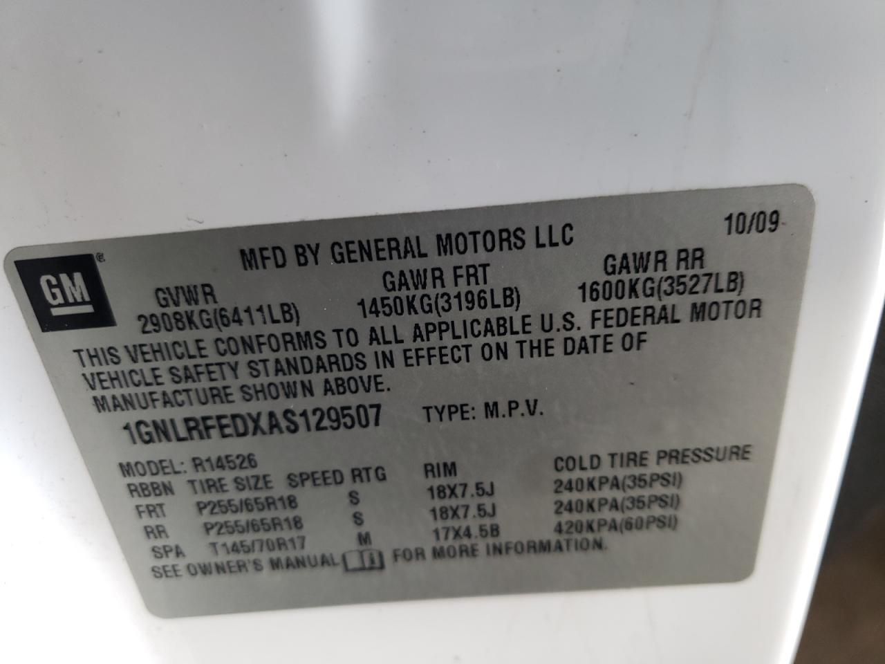 2010 Chevrolet Traverse Lt VIN: 1GNLRFEDXAS129507 Lot: 45428855