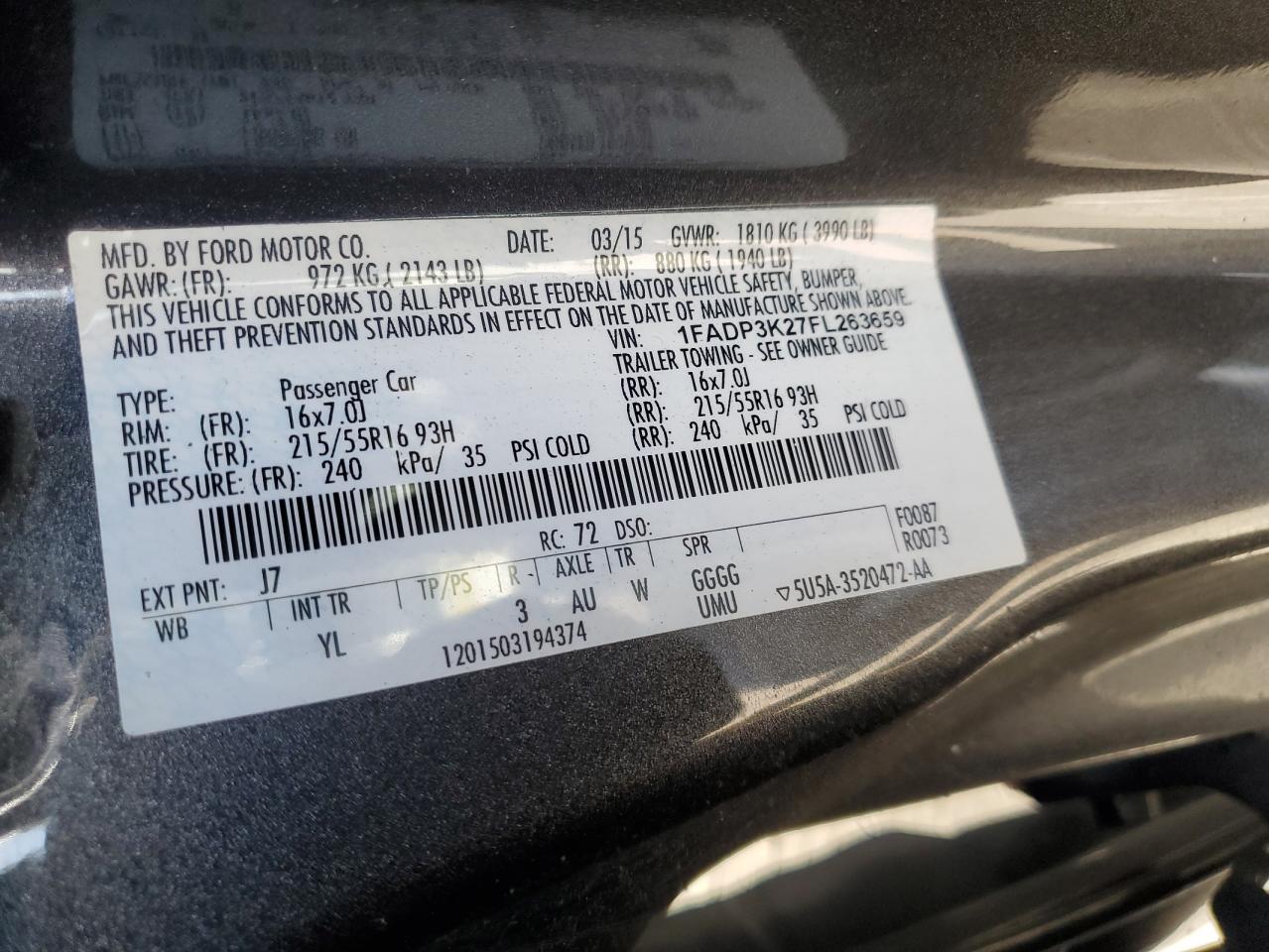 2015 Ford Focus Se VIN: 1FADP3K27FL263659 Lot: 46137805