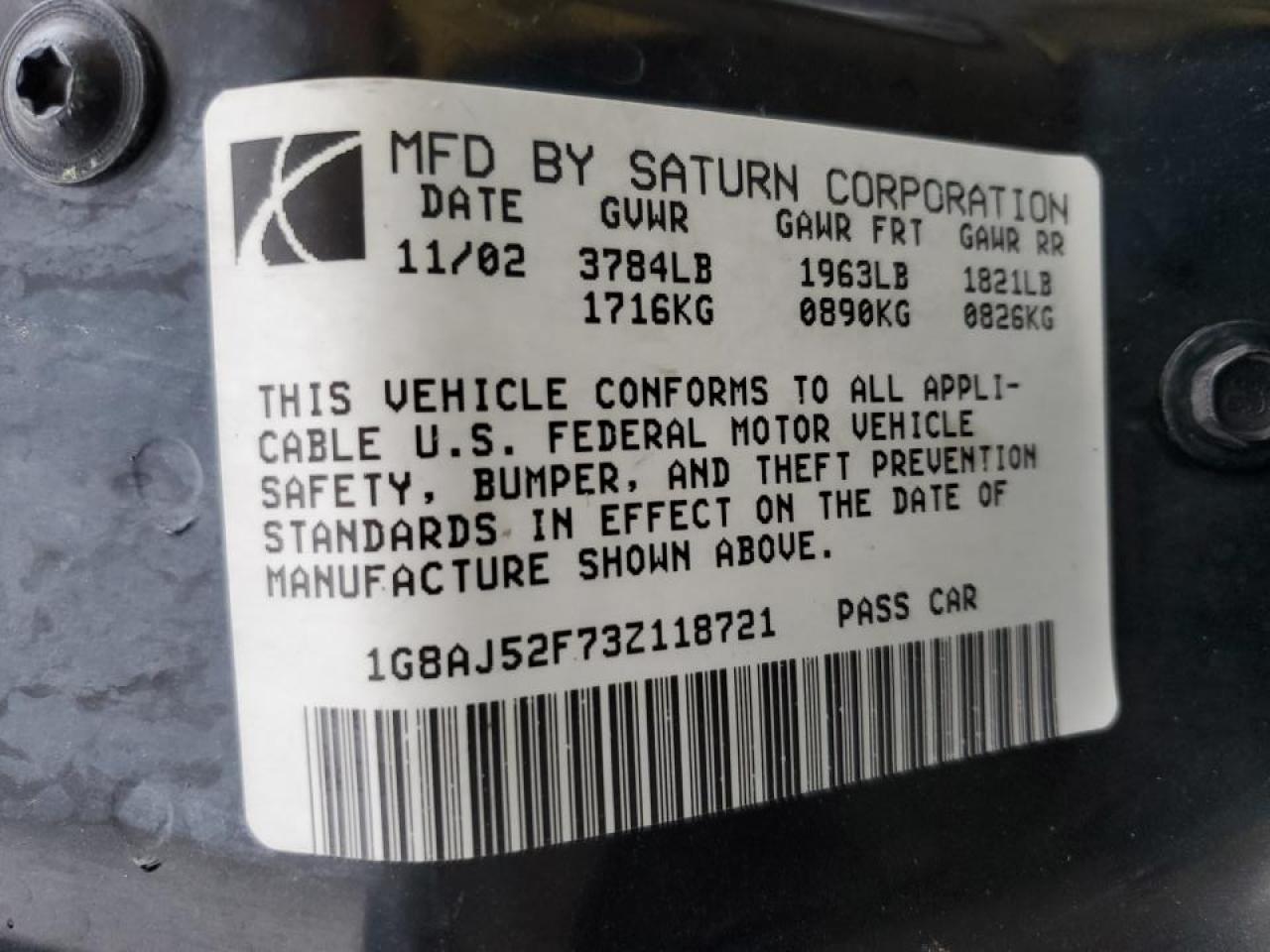 2003 Saturn Ion Level 2 VIN: 1G8AJ52F73Z118721 Lot: 45546215