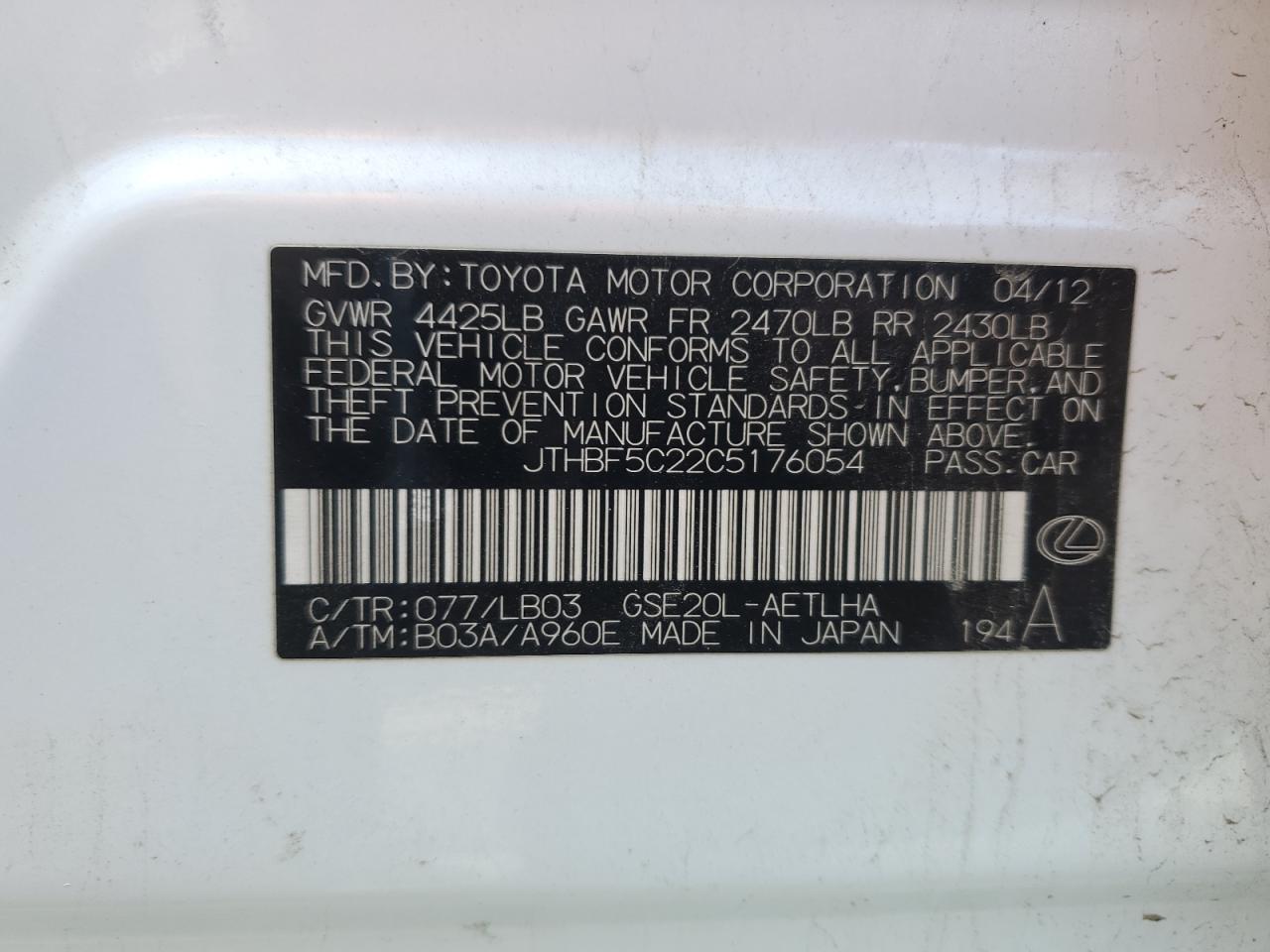 2012 Lexus Is 250 VIN: JTHBF5C22C5176054 Lot: 46337005