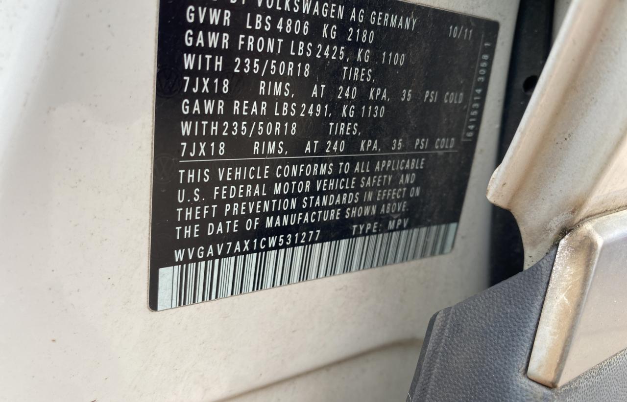 2012 Volkswagen Tiguan S VIN: WVGAV7AX1CW531277 Lot: 44247165