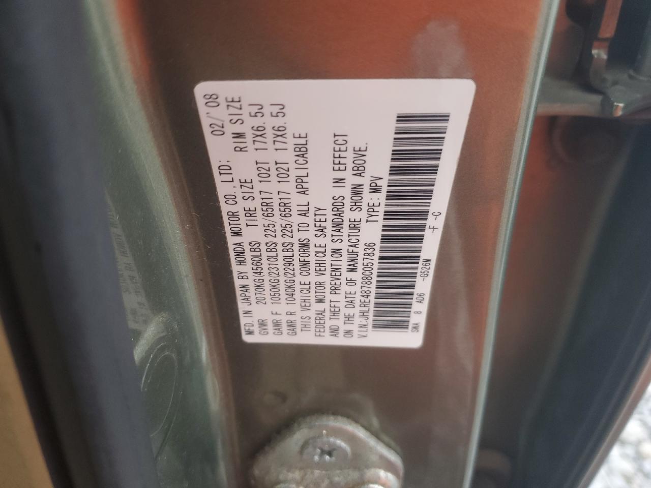 2008 Honda Cr-V Exl VIN: JHLRE48788C057836 Lot: 45186945