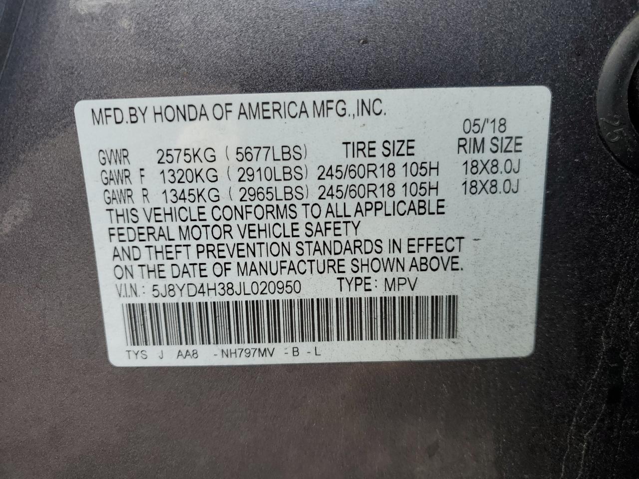 2018 Acura Mdx VIN: 5J8YD4H38JL020950 Lot: 45079855