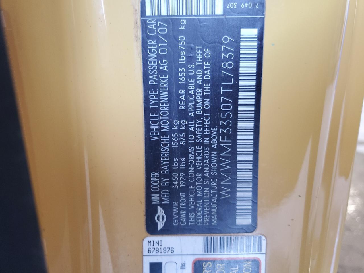 2007 Mini Cooper VIN: WMWMF33507TL78379 Lot: 46474755