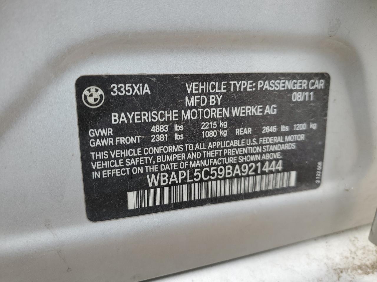 2011 BMW 335 Xi VIN: WBAPL5C59BA921444 Lot: 86639215