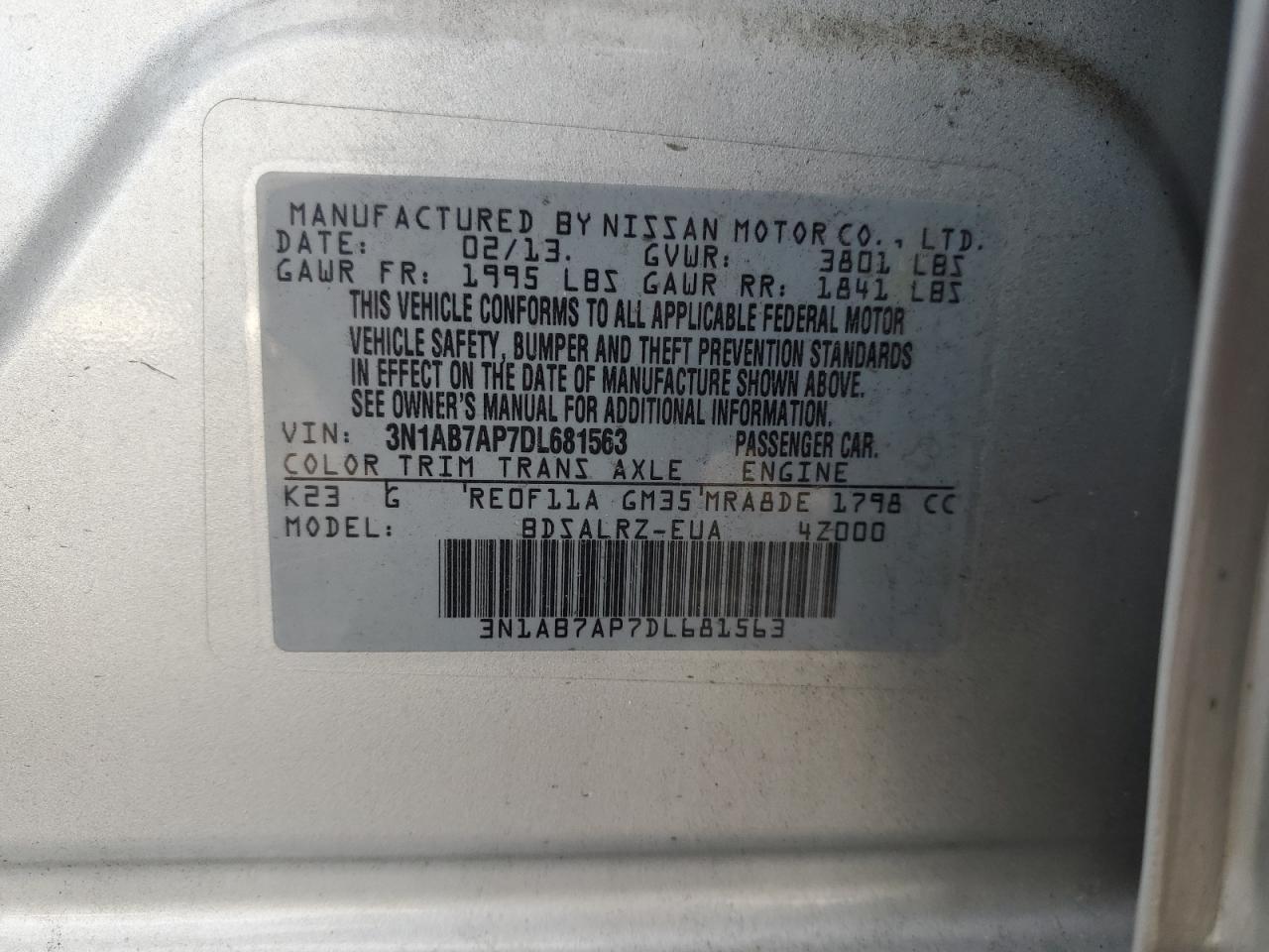 2013 Nissan Sentra S VIN: 3N1AB7AP7DL681563 Lot: 43044585