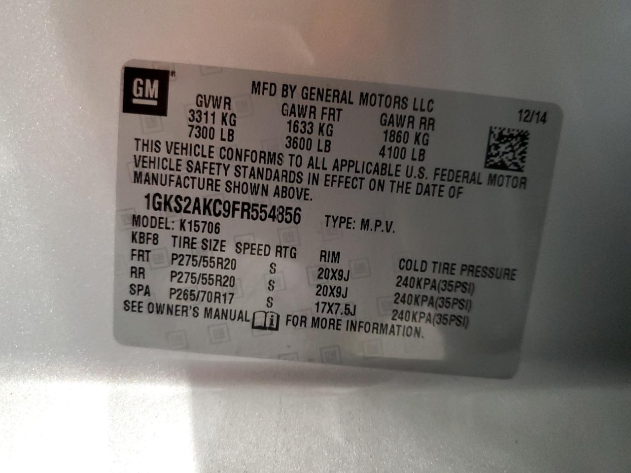 2015 GMC Yukon Sle VIN: 1GKS2AKC9FR554856 Lot: 84882245