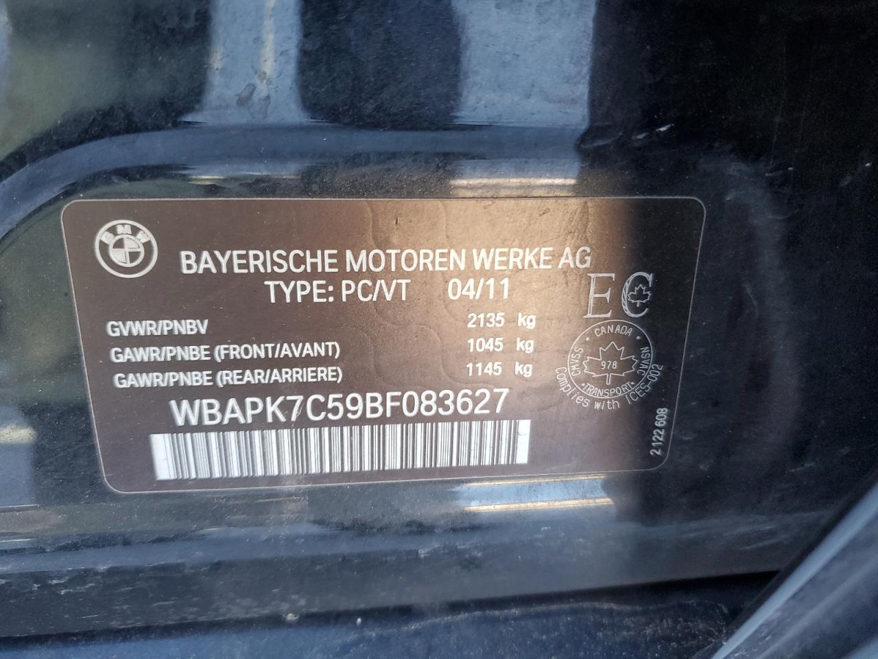 2011 BMW 328 Xi VIN: WBAPK7C59BF083627 Lot: 46438685