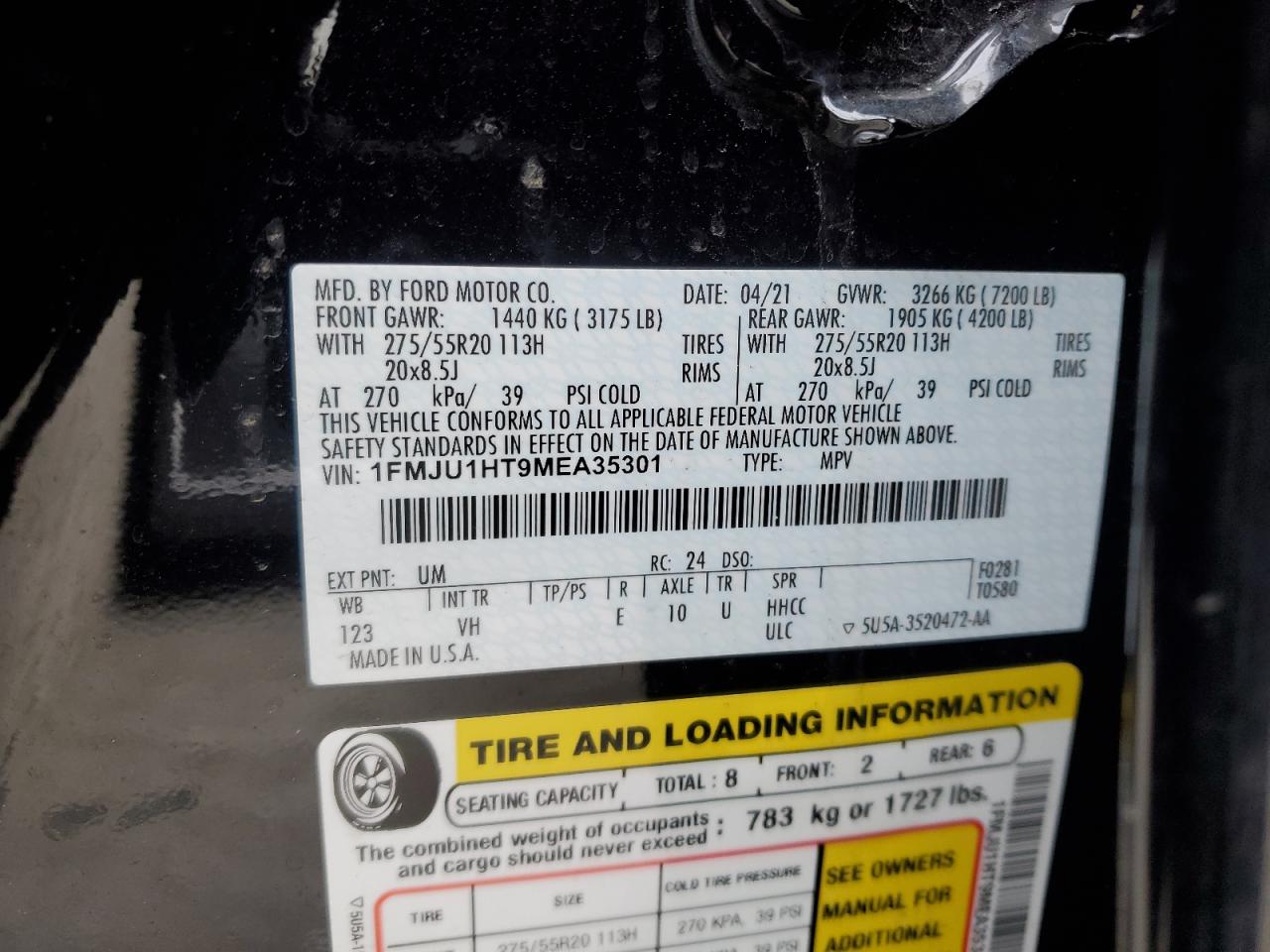 2021 Ford Expedition Xlt VIN: 1FMJU1HT9MEA35301 Lot: 45676985