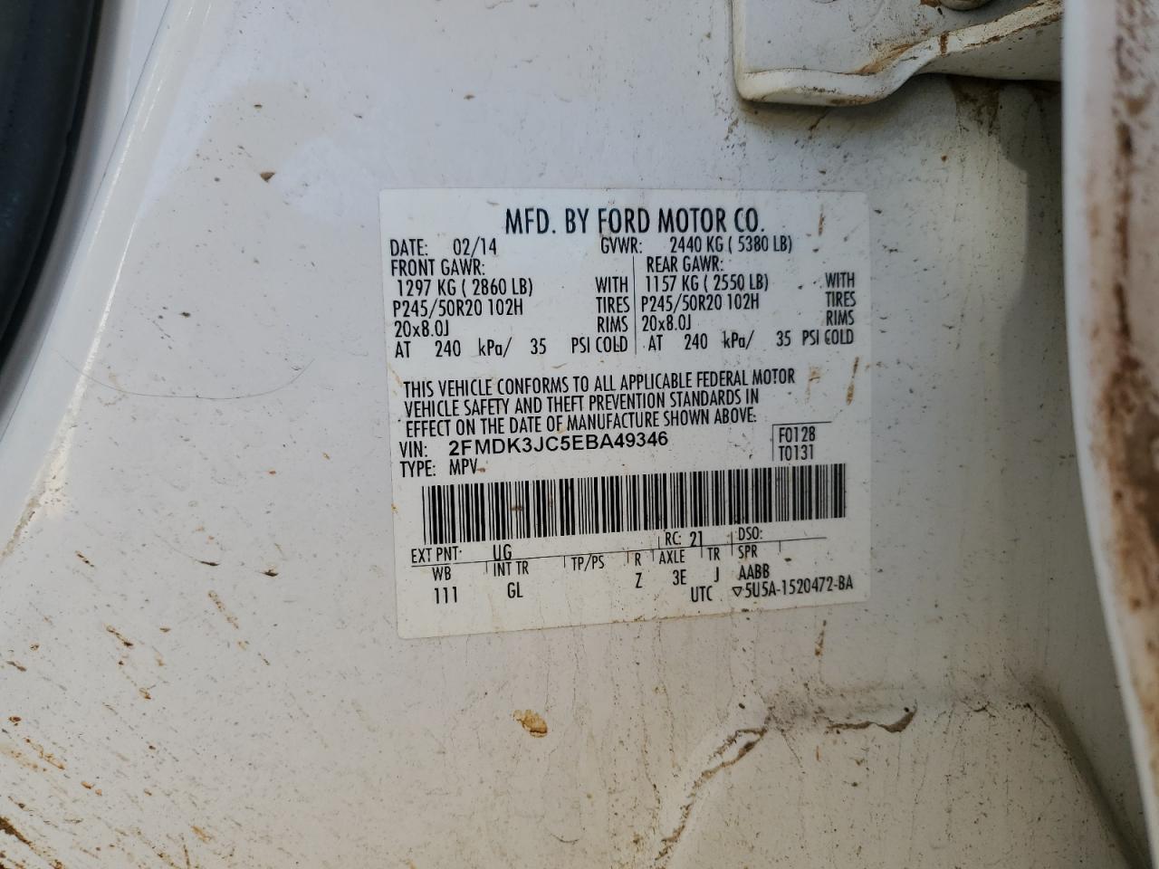 2014 Ford Edge Sel VIN: 2FMDK3JC5EBA49346 Lot: 43525555