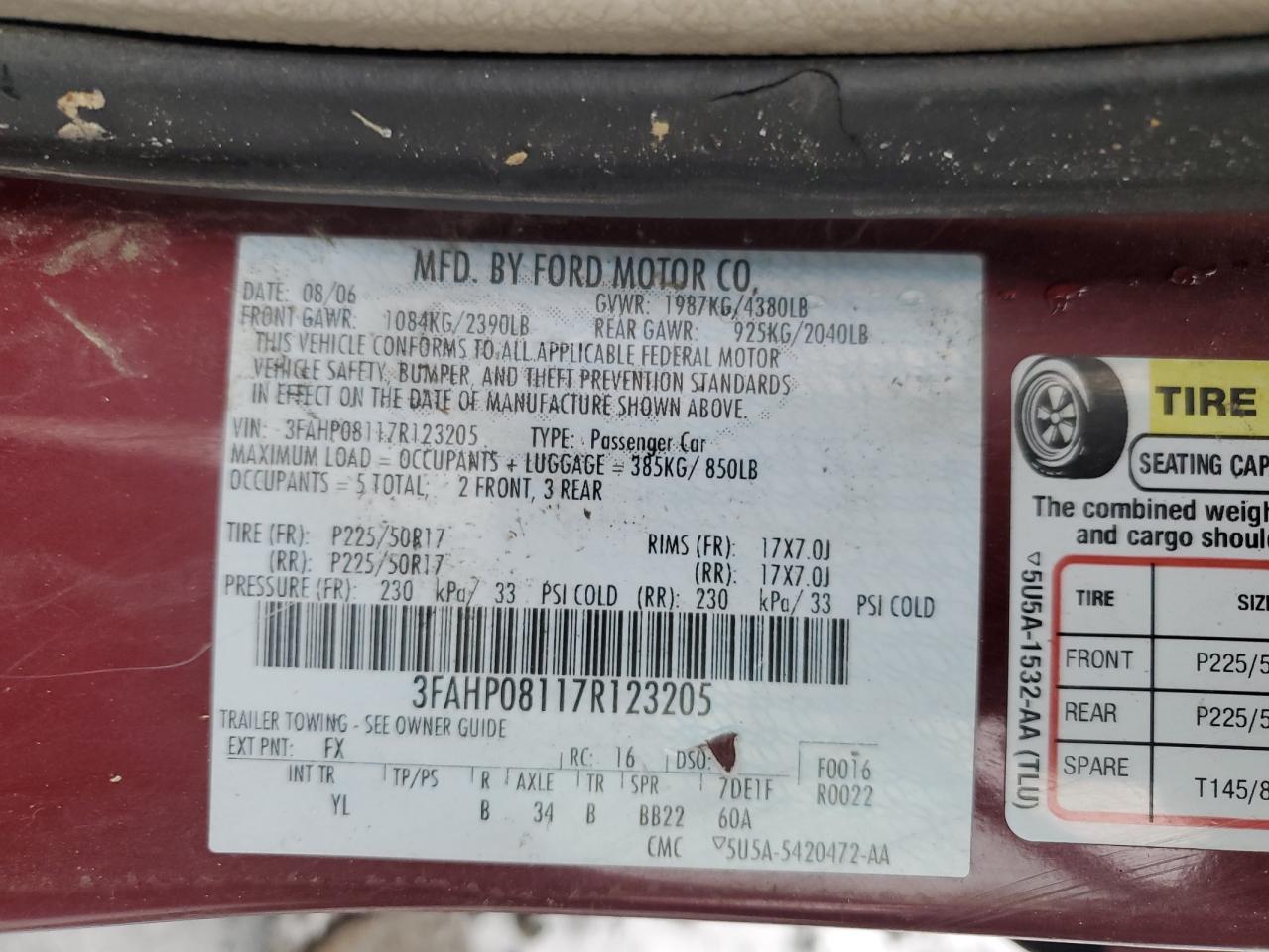 2007 Ford Fusion Sel VIN: 3FAHP08117R123205 Lot: 71214215