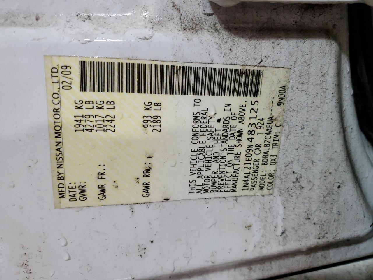 2009 Nissan Altima 2.5 VIN: 1N4AL21E09N483125 Lot: 44471405