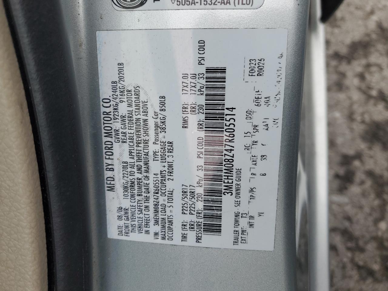 2007 Mercury Milan Premier VIN: 3MEHM08Z47R605514 Lot: 45085905