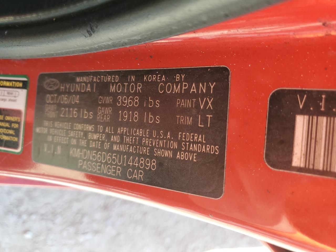 2005 Hyundai Elantra Gls VIN: KMHDN56D65U144898 Lot: 46248435