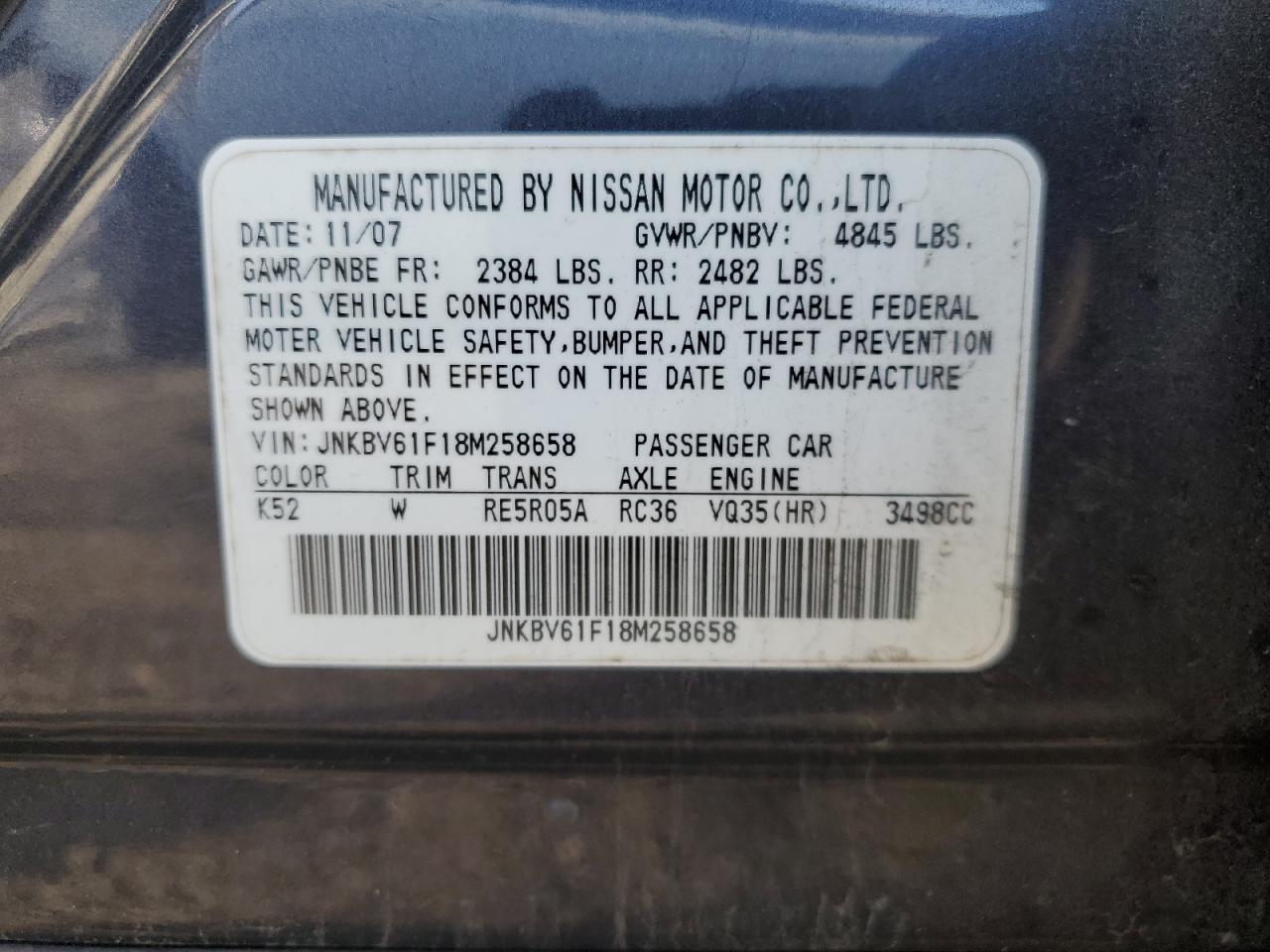 2008 Infiniti G35 VIN: JNKBV61F18M258658 Lot: 46285755