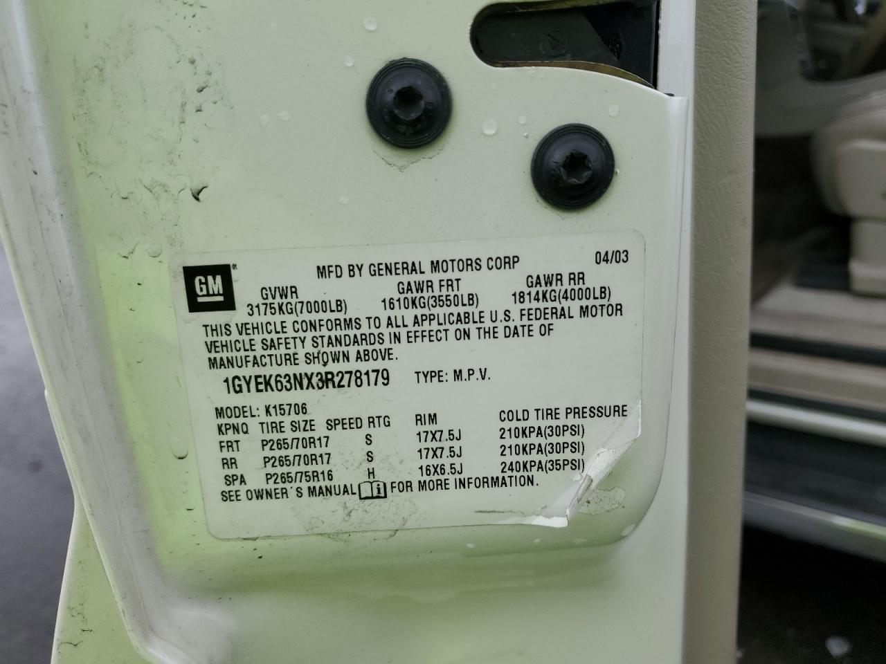 2003 Cadillac Escalade Luxury VIN: 1GYEK63NX3R278179 Lot: 44766245