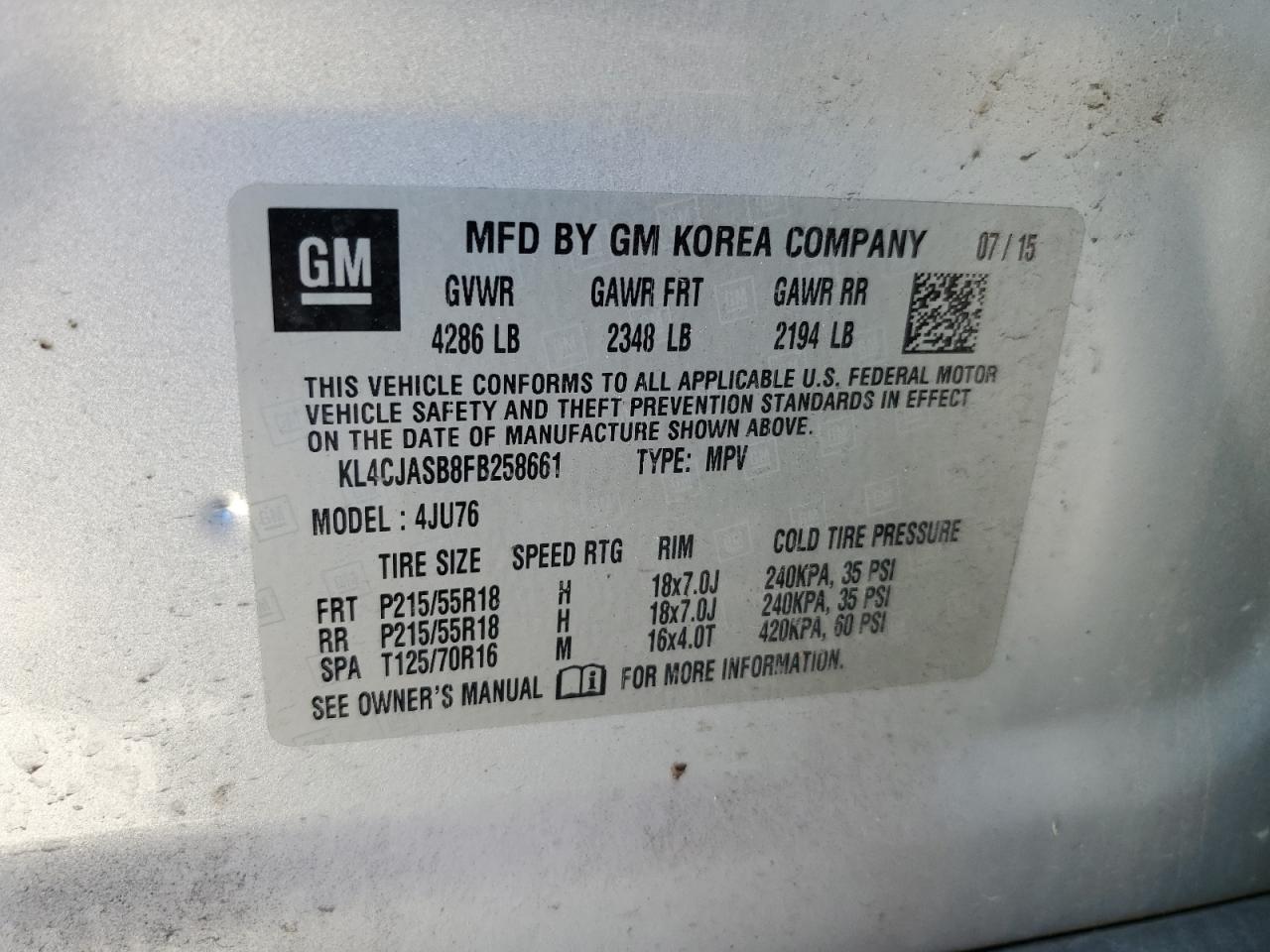 2015 BUICK ENCORE with FRONT END damage, VIN KL4CJASB8FB258661