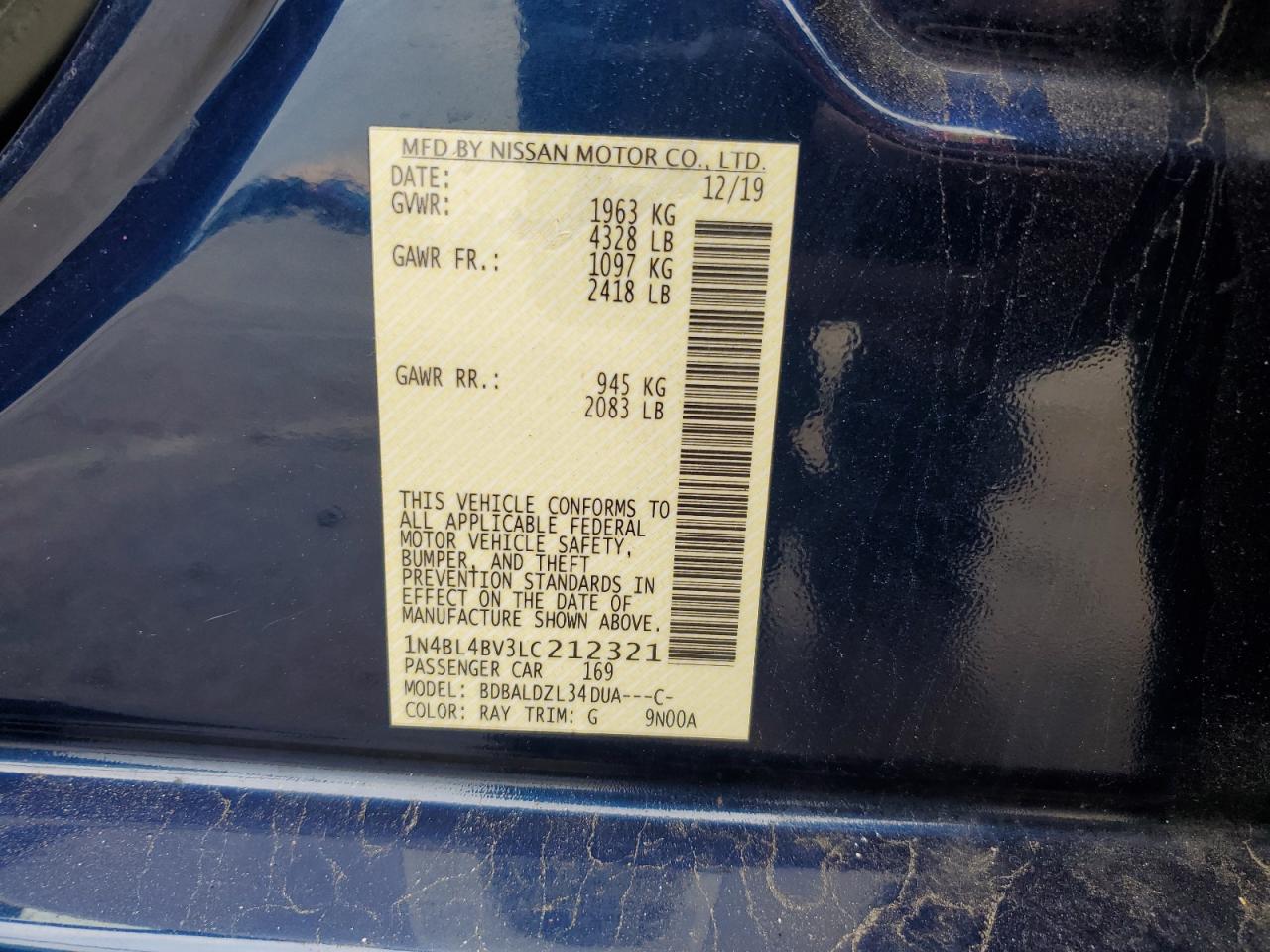 2020 Nissan Altima S VIN: 1N4BL4BV3LC212321 Lot: 42655755