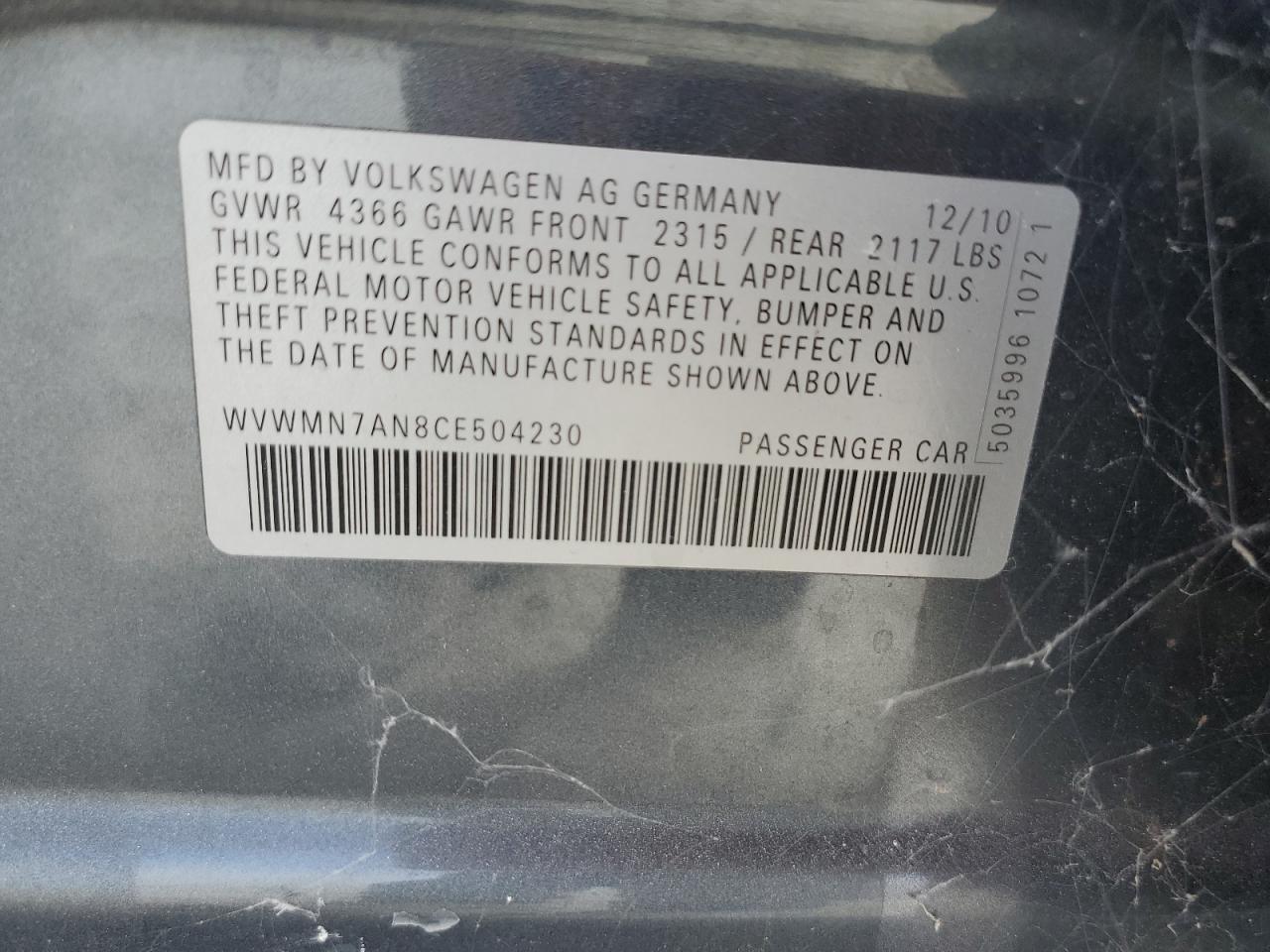 2012 Volkswagen Cc Sport VIN: WVWMN7AN8CE504230 Lot: 44431885