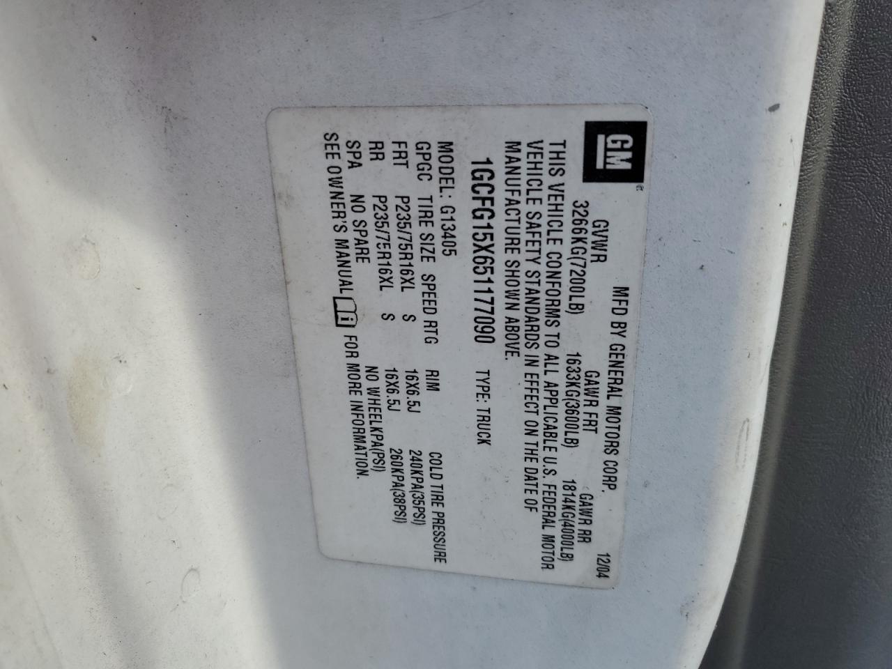 2005 Chevrolet Express G1500 VIN: 1GCFG15X651177090 Lot: 45412575