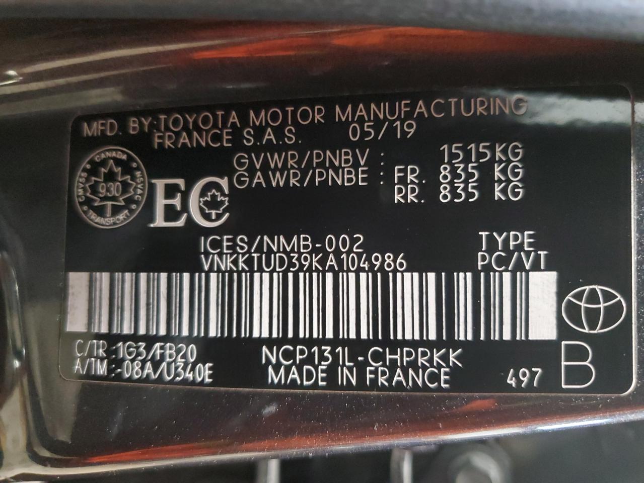 2019 Toyota Yaris L VIN: VNKKTUD39KA104986 Lot: 45497625