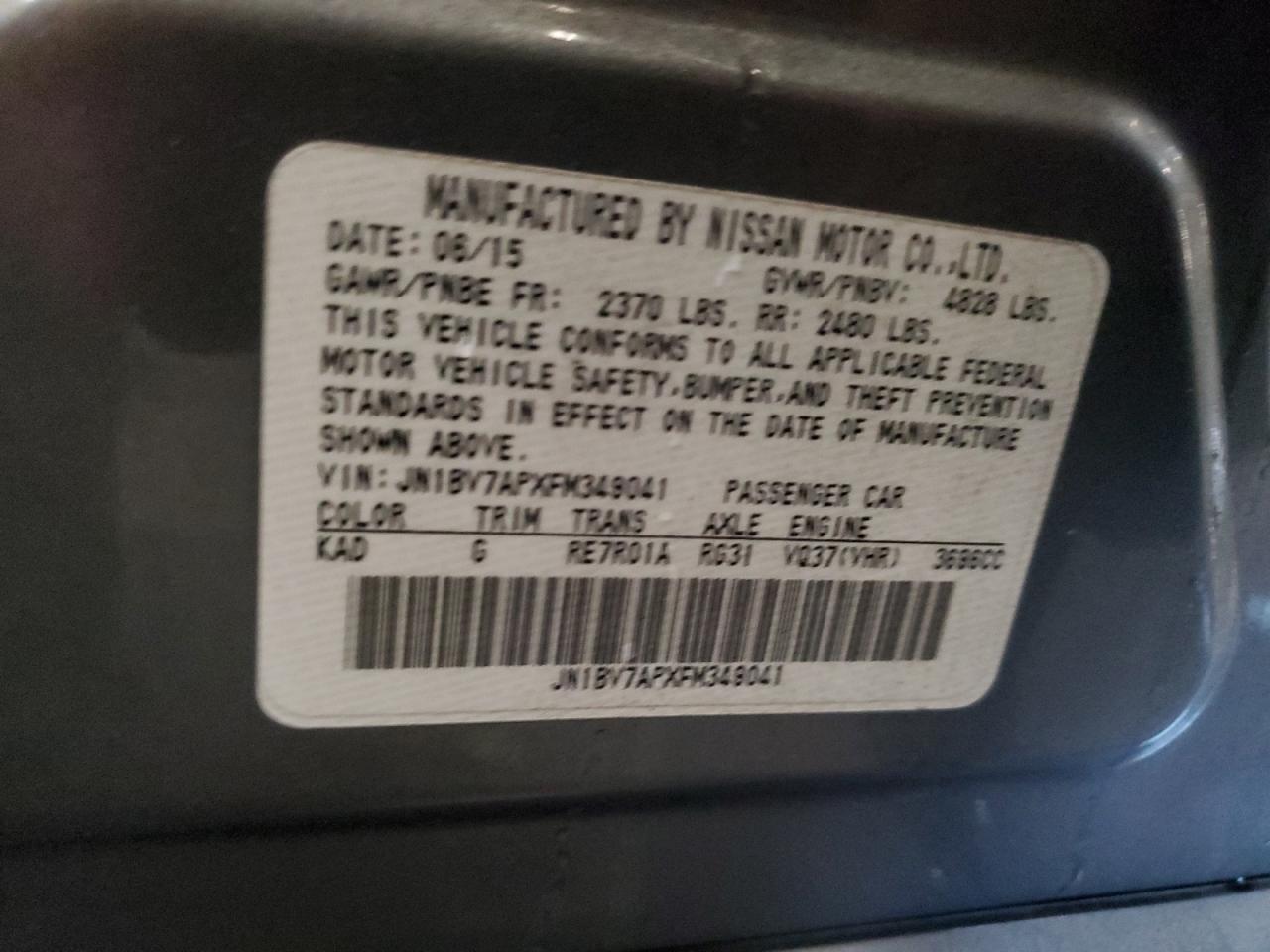 2015 Infiniti Q50 Base VIN: JN1BV7APXFM349041 Lot: 45045205