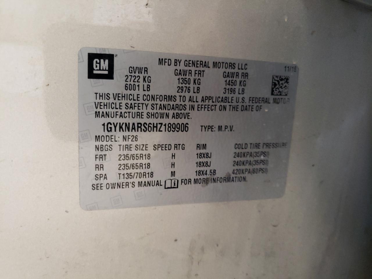 2017 Cadillac Xt5 VIN: 1GYKNARS6HZ189906 Lot: 42413575