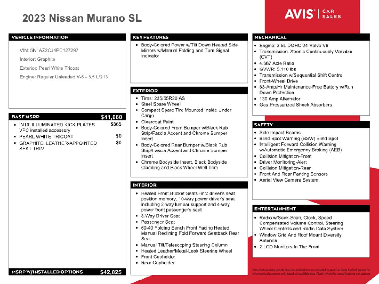 2023 Nissan Murano Sl VIN: 5N1AZ2CJ4PC127297 Lot: 45851235