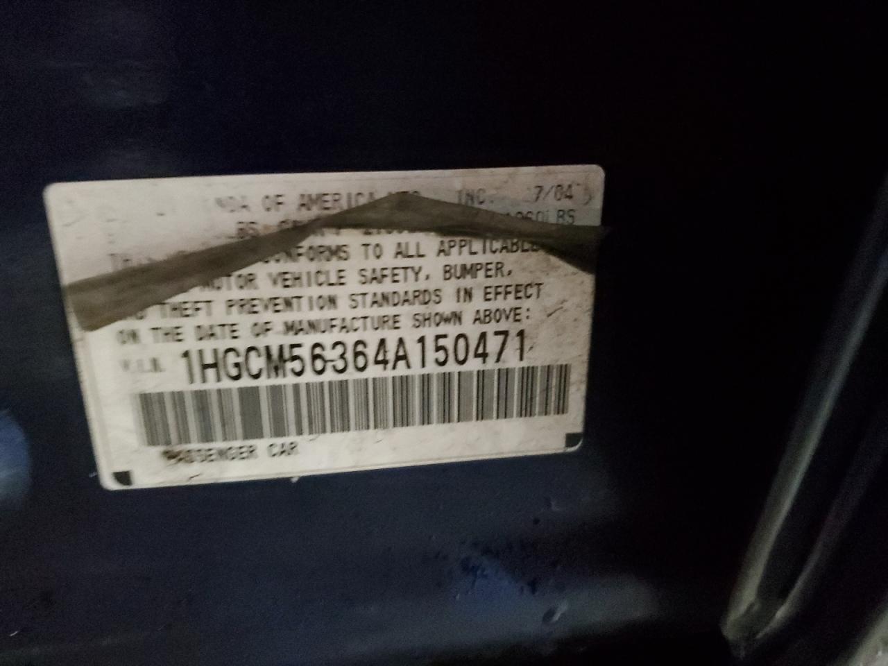 2004 Honda Accord Lx VIN: 1HGCM56364A150471 Lot: 44111445
