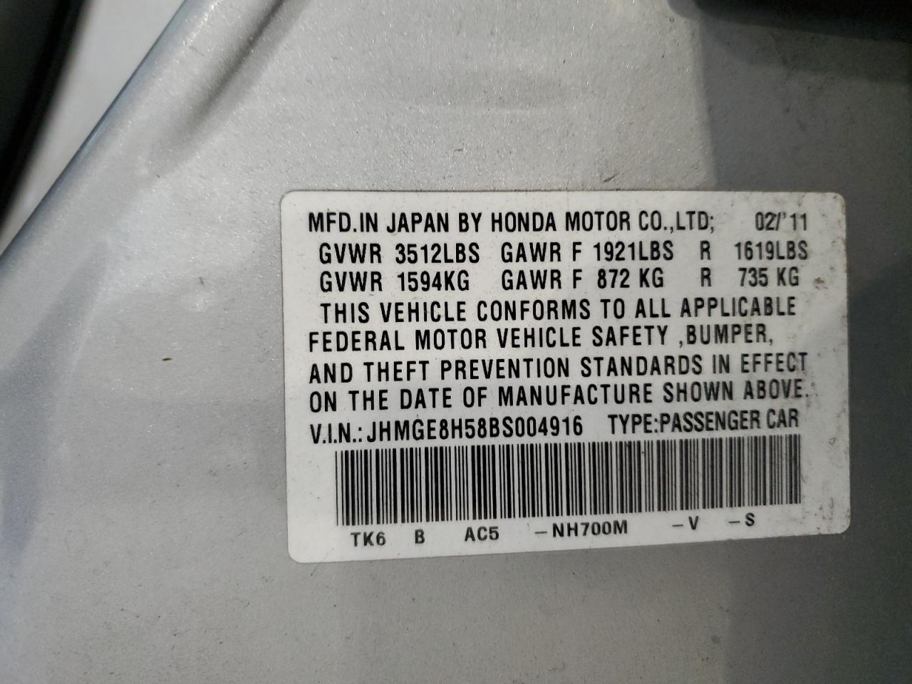 2011 Honda Fit Sport VIN: JHMGE8H58BS004916 Lot: 45902285