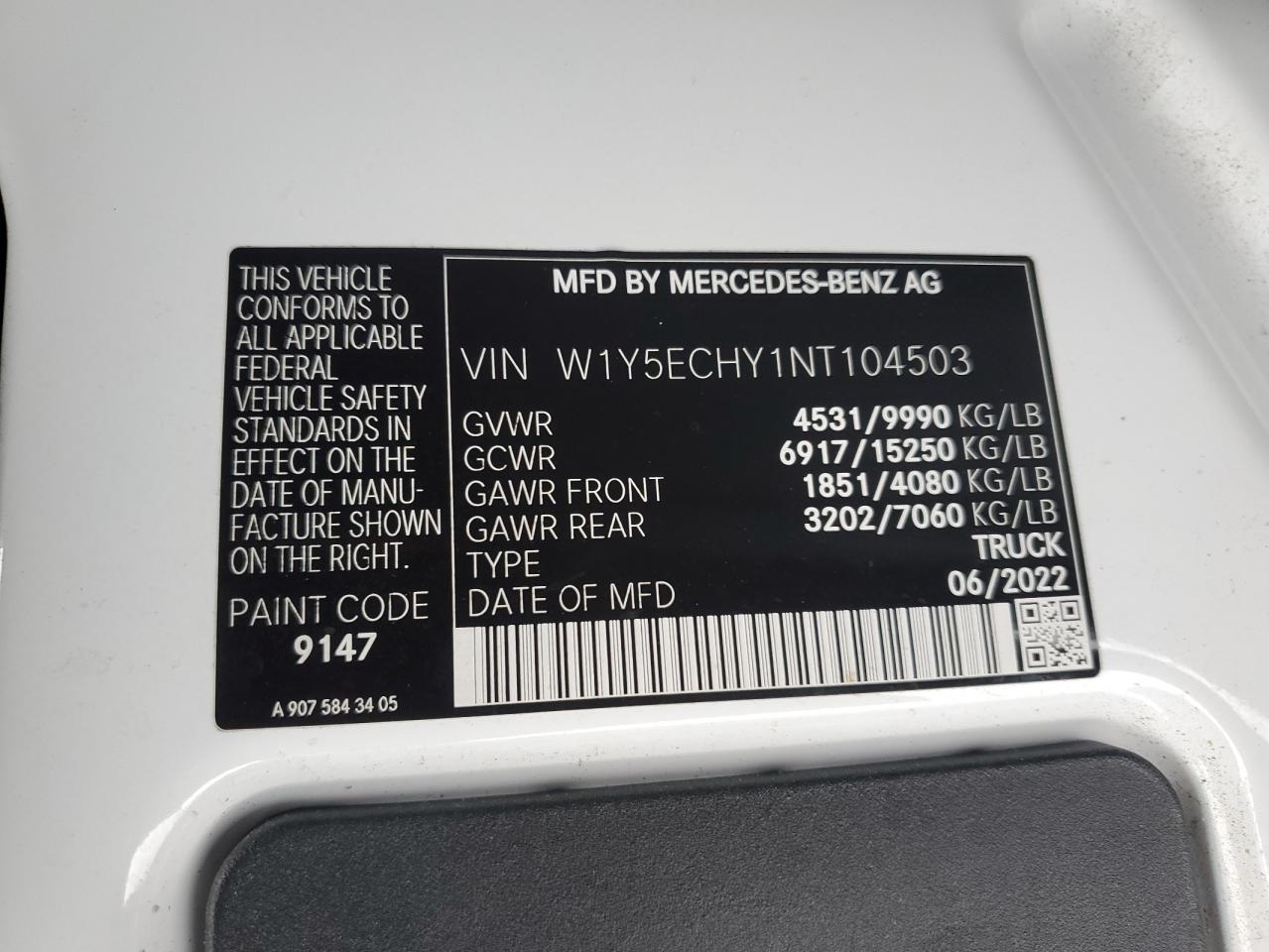 2022 Mercedes-Benz Sprinter 3500 VIN: W1Y5ECHY1NT104503 Lot: 44367395