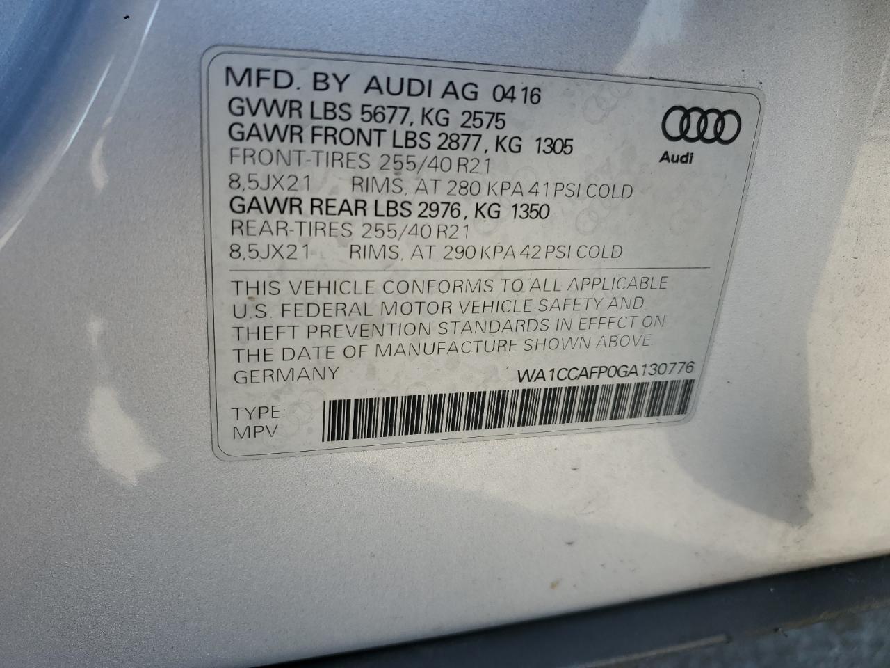 2016 Audi Sq5 Premium Plus VIN: WA1CCAFP0GA130776 Lot: 43311325