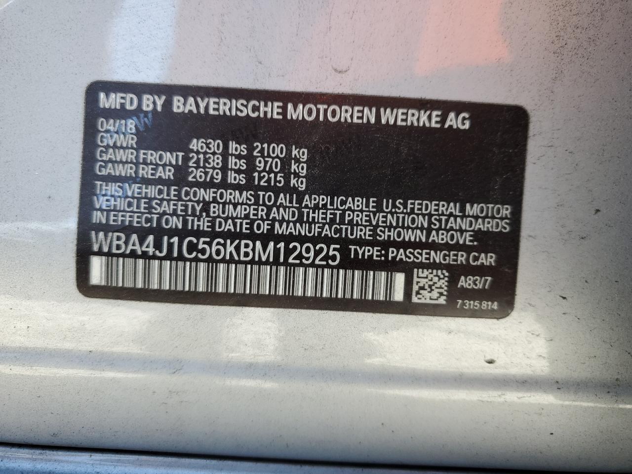 2019 BMW 430I Gran Coupe VIN: WBA4J1C56KBM12925 Lot: 47027555