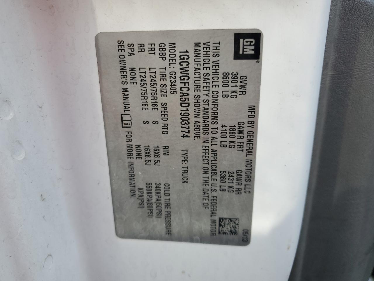 2013 Chevrolet Express G2500 VIN: 1GCWGFCA5D1903774 Lot: 45496395