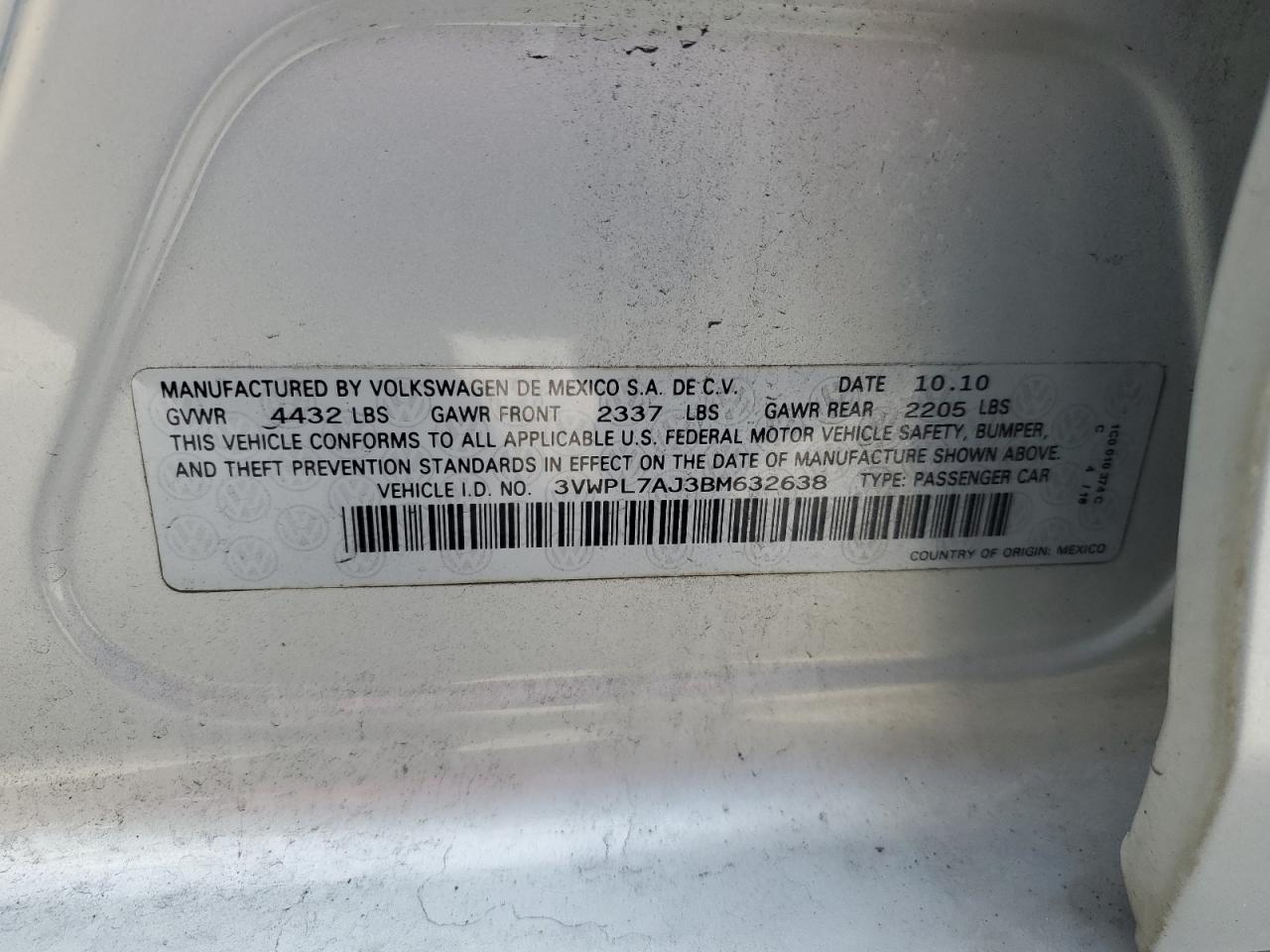 2011 Volkswagen Jetta Tdi VIN: 3VWPL7AJ3BM632638 Lot: 46298165