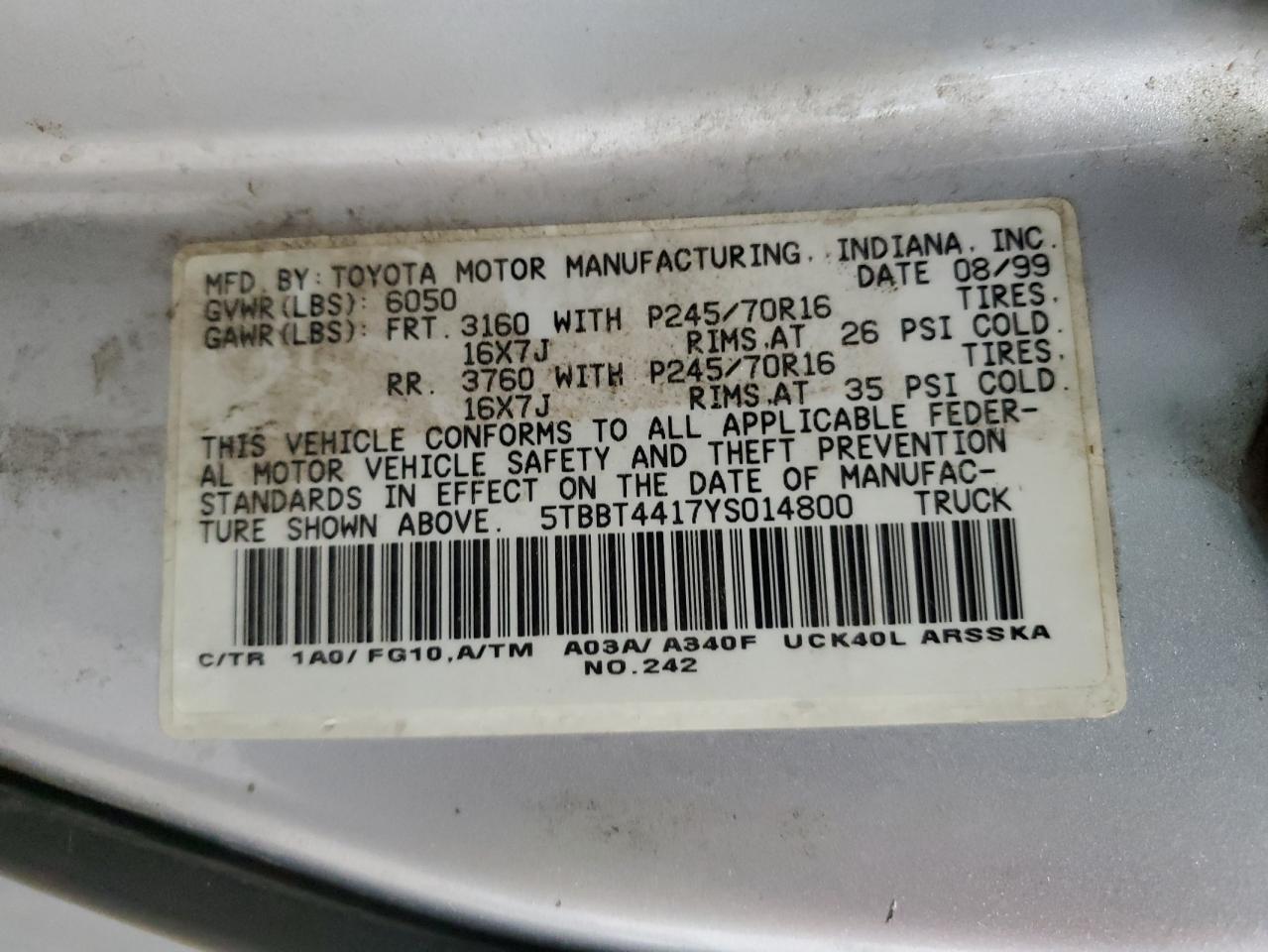 2000 Toyota Tundra Access Cab VIN: 5TBBT4417YS014800 Lot: 46093165