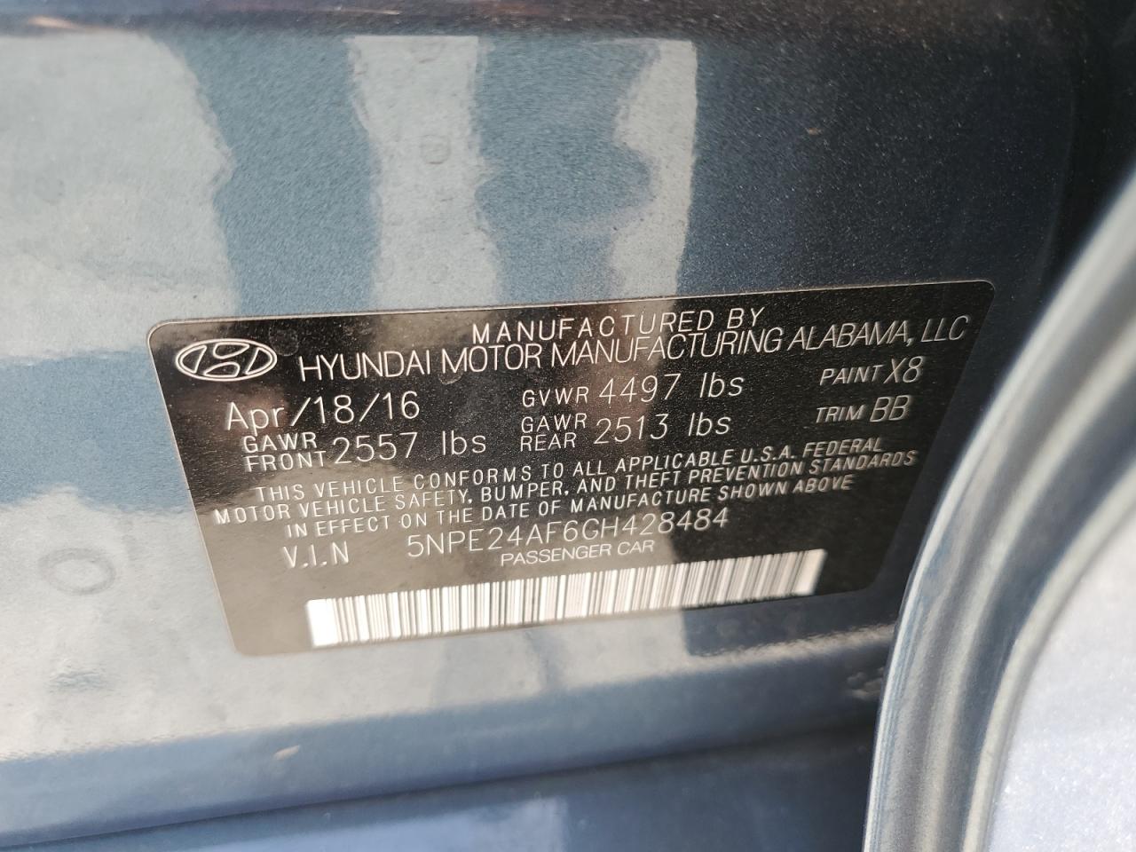 2016 Hyundai Sonata Se VIN: 5NPE24AF6GH428484 Lot: 43837795