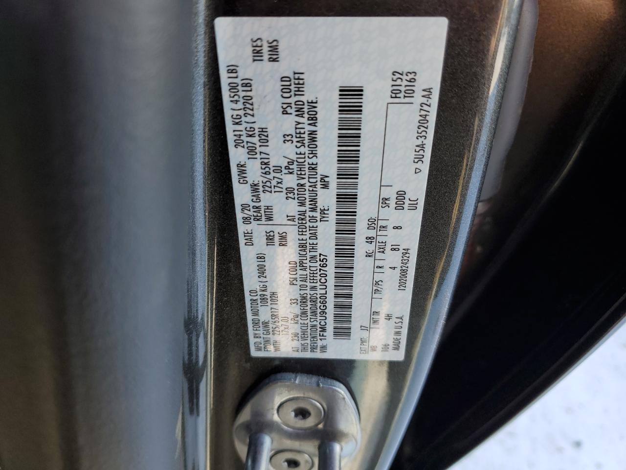 2020 Ford Escape Se VIN: 1FMCU9G60LUC07657 Lot: 45607525