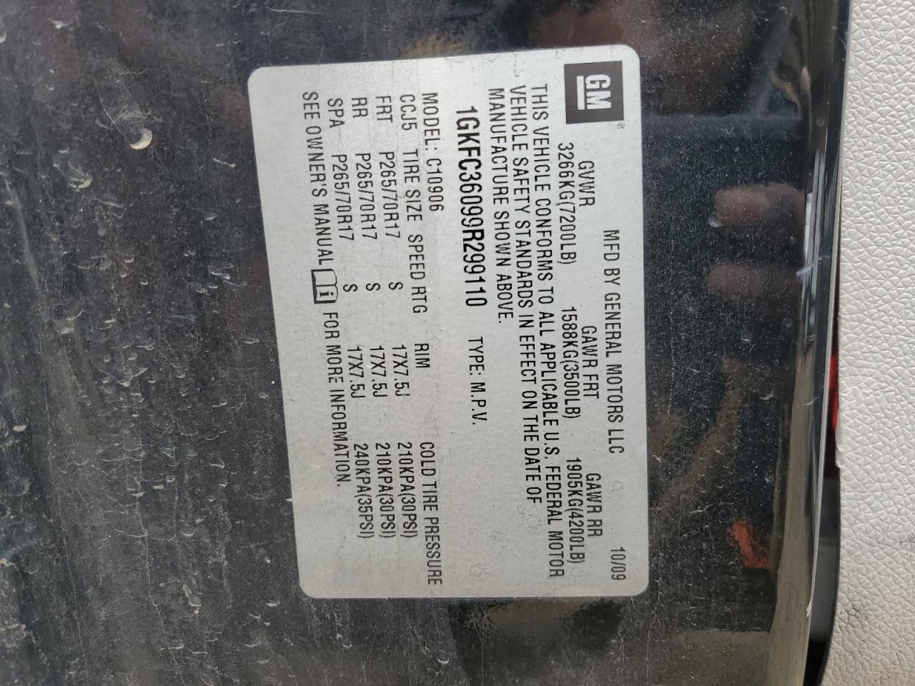 2009 GMC Yukon Xl C1500 Slt VIN: 1GKFC36099R299110 Lot: 44934915