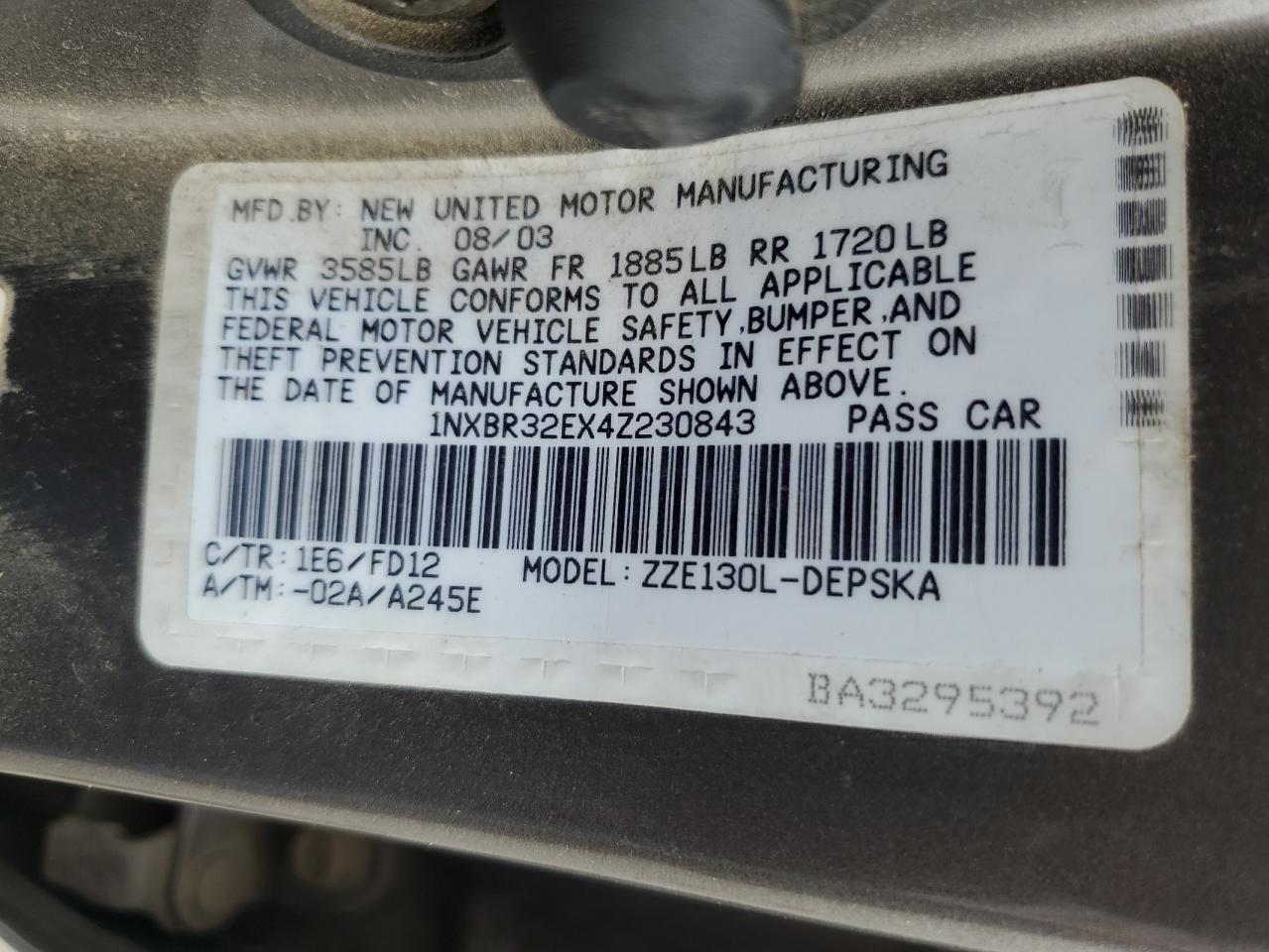 2004 Toyota Corolla Ce VIN: 1NXBR32EX4Z230843 Lot: 45244475