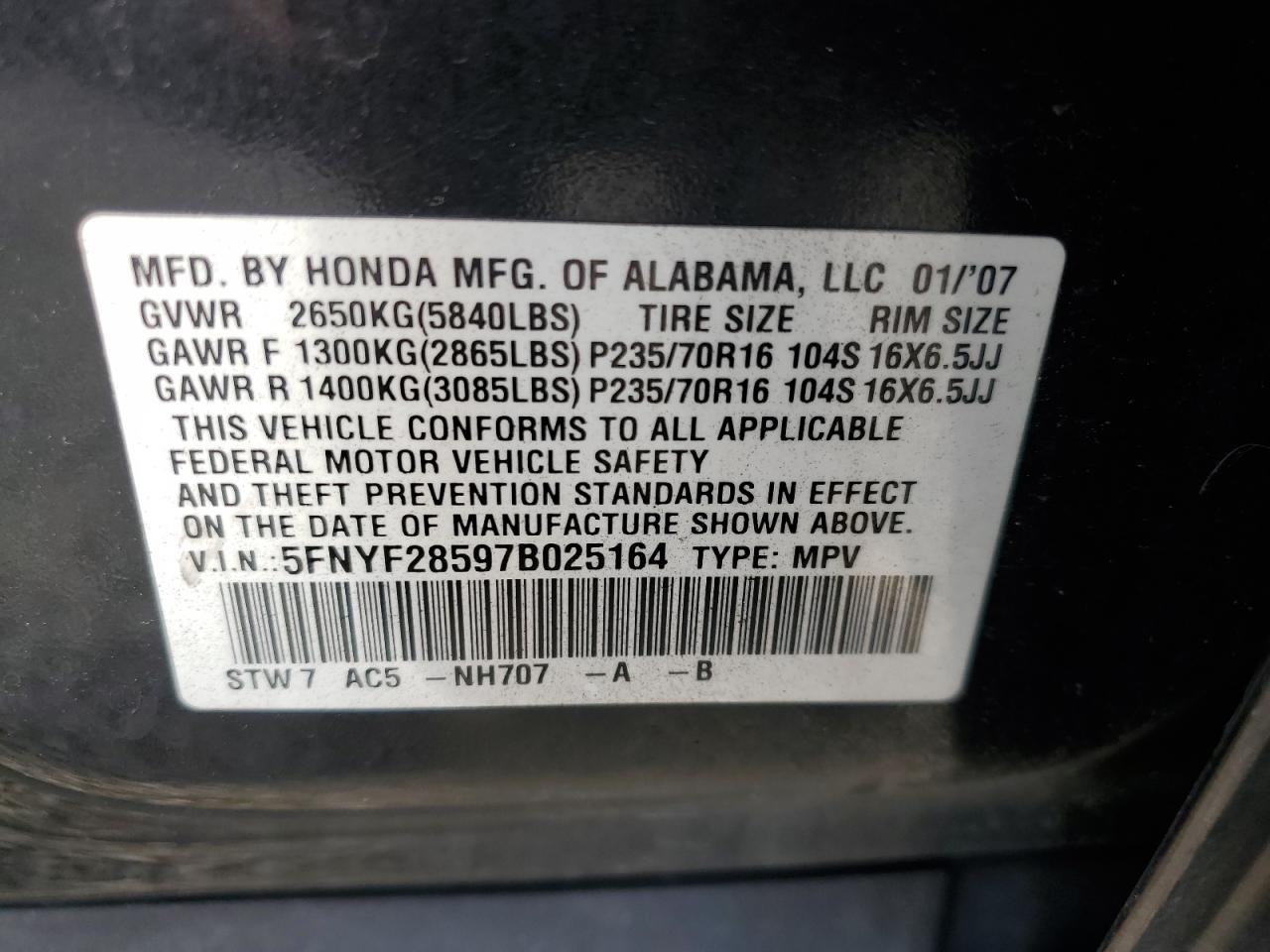 2007 Honda Pilot Exl VIN: 5FNYF28597B025164 Lot: 46801065