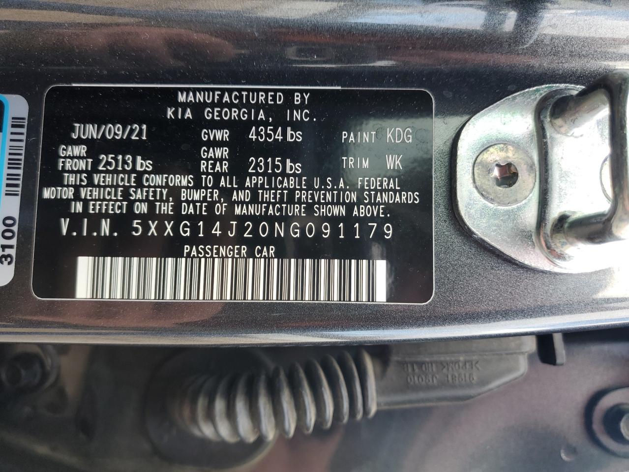 2022 Kia K5 Lxs VIN: 5XXG14J20NG091179 Lot: 43449145