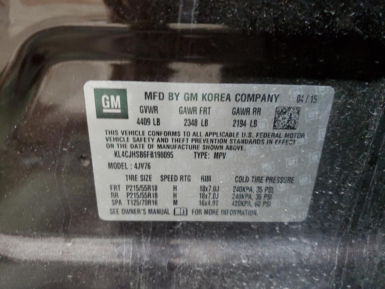 2015 BUICK ENCORE with REAR END damage, VIN KL4CJHSB6FB198095