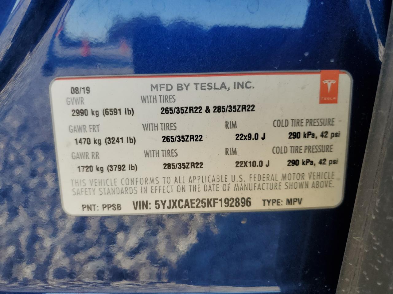 2019 Tesla Model X VIN: 5YJXCAE25KF192896 Lot: 46545865