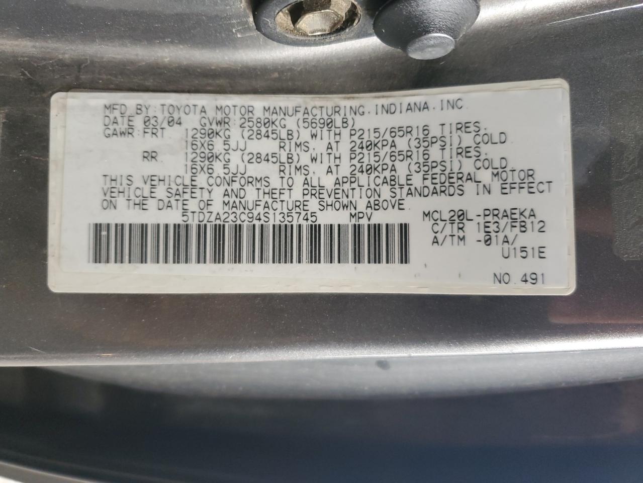 2004 Toyota Sienna Ce VIN: 5TDZA23C94S135745 Lot: 44736425