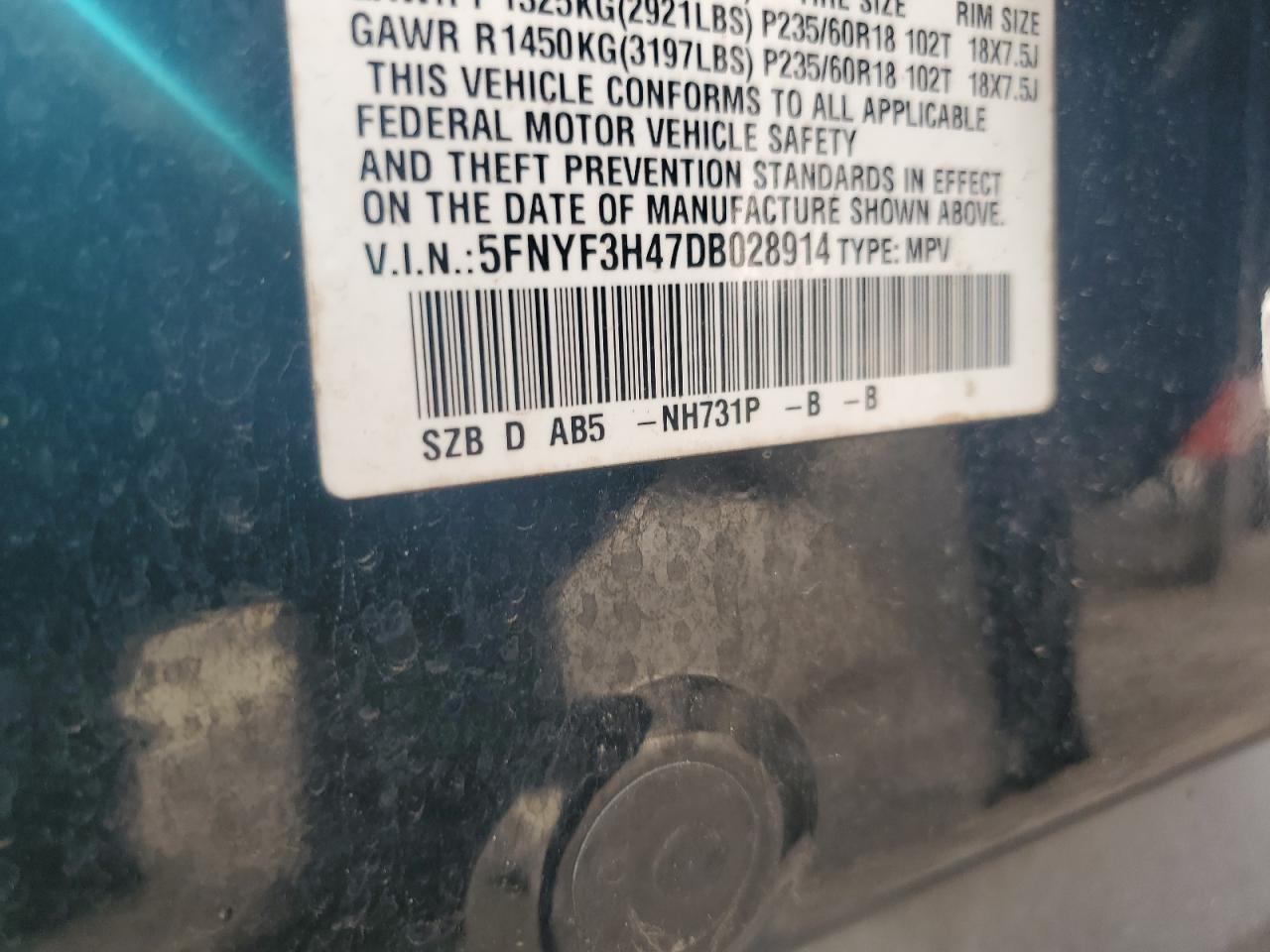 2013 Honda Pilot Ex VIN: 5FNYF3H47DB028914 Lot: 43719775