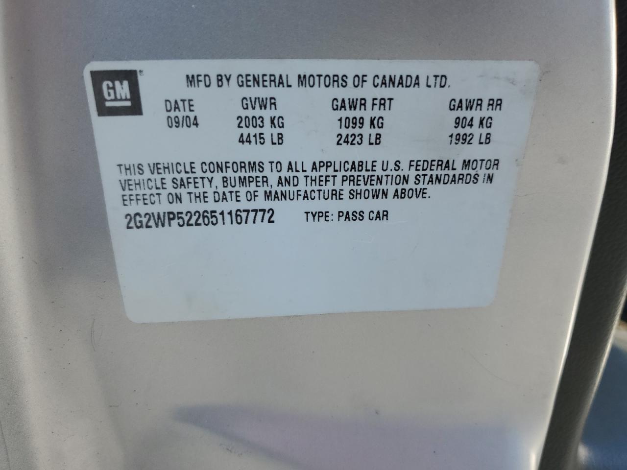 2005 Pontiac Grand Prix VIN: 2G2WP522651167772 Lot: 44194585