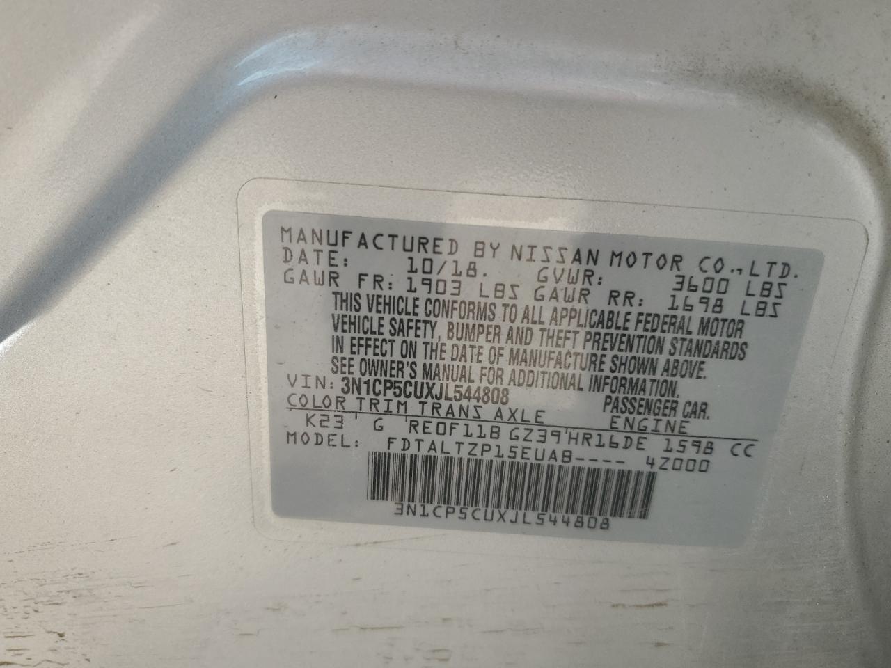 2018 Nissan Kicks S VIN: 3N1CP5CUXJL544808 Lot: 45931705