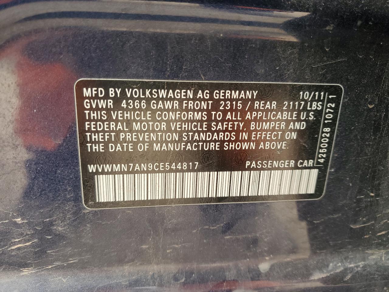 2012 Volkswagen Cc Sport VIN: WVWMN7AN9CE544817 Lot: 46077405