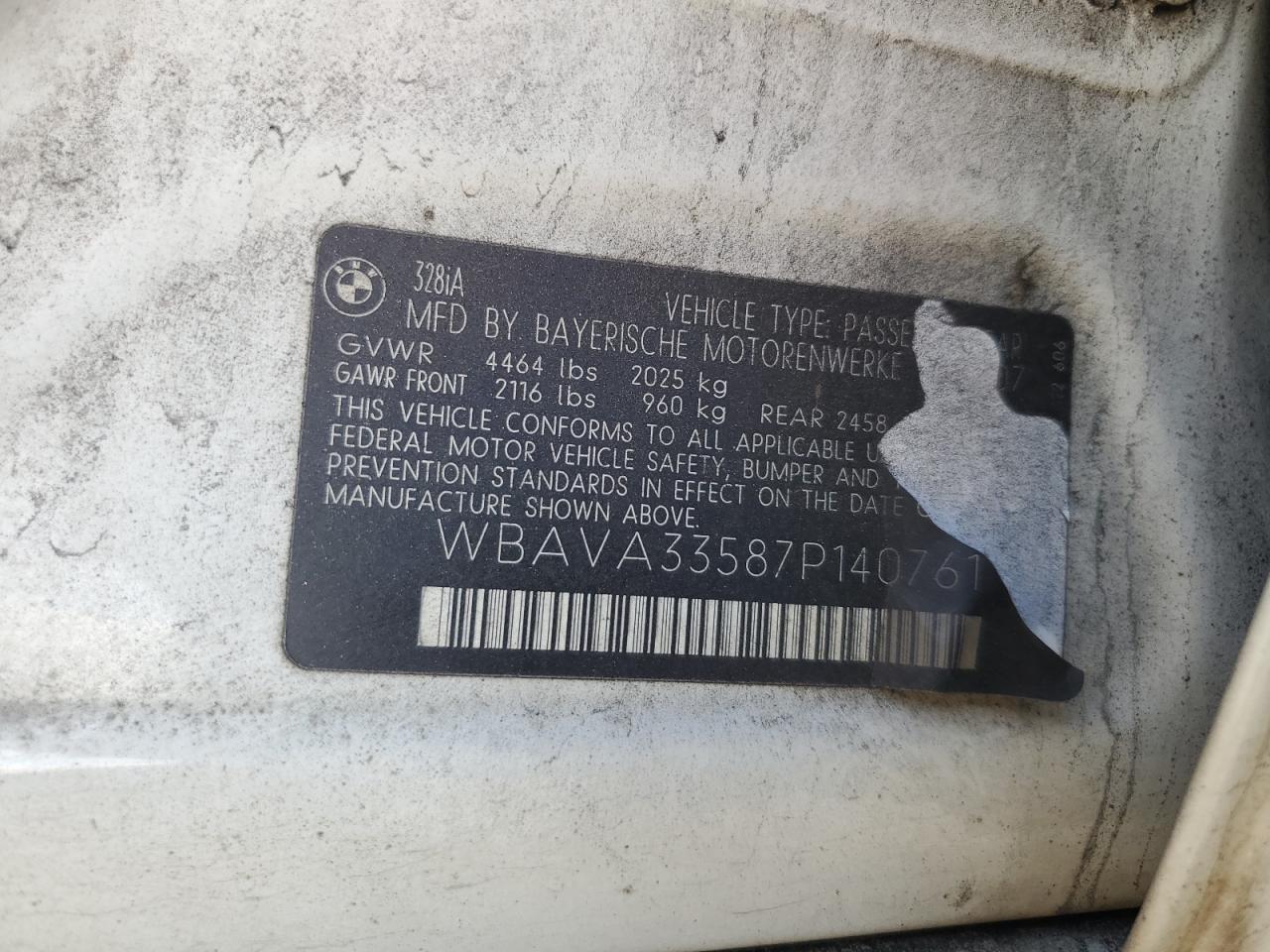 2007 BMW 328 I VIN: WBAVA33587P140761 Lot: 44062455